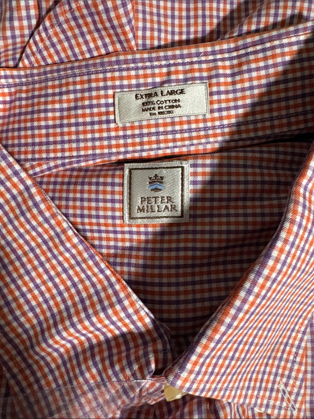 Peter Millar Orange and Purple Gingham Button-Down Shirt